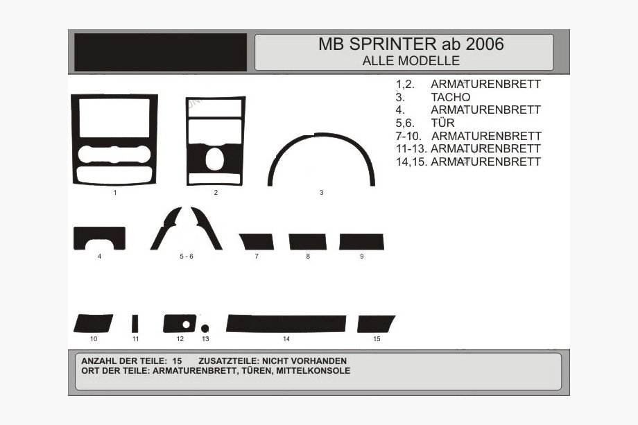 Mercedes Sprinter W906 2006–2018 Komplet oblog armaturne plošče (15 delov, VIP-Hartman) Image
