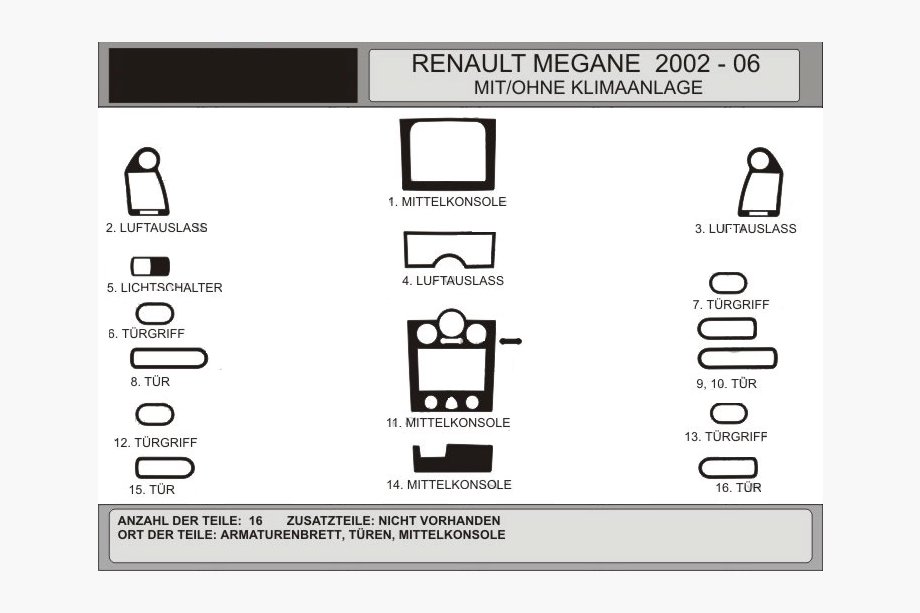 Renault Megane II 2004–2009 Okrasne obloge armaturne plošče, komplet 16 delov (Hartman, Poljska) Image