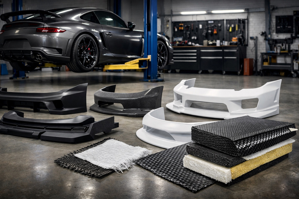 Bodykiti/pragi/spojlerji: kako izbrati material (ABS vs PP vs FRP vs carbon) brez razpok