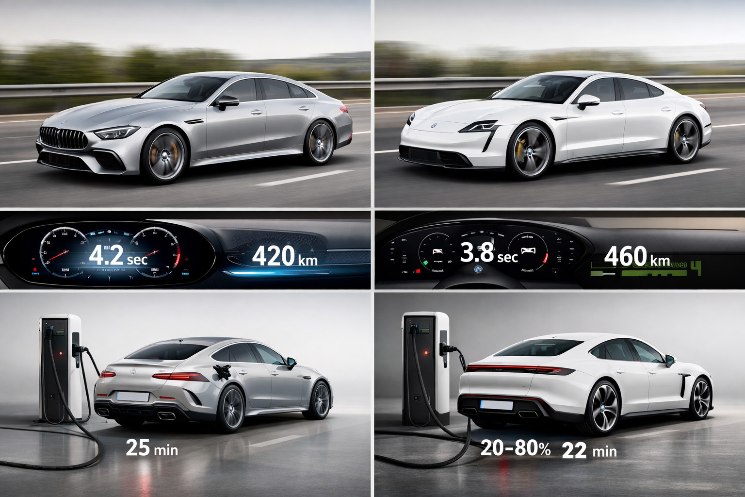 Mercedes-AMG GT 53 proti Porsche Taycan 4S: doseg, zmogljivost in polnjenje