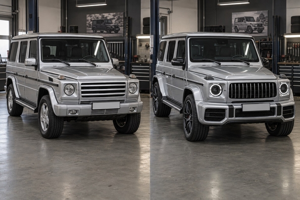 Mercedes G-Class W463 v slogu G63 2018+: kaj lahko vgradite – odbijači, luči, ogledala