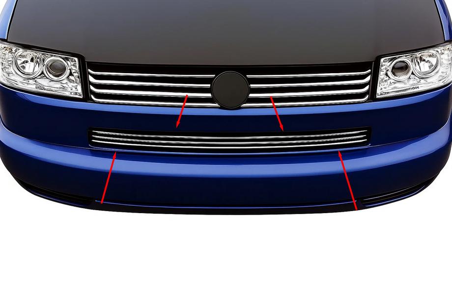 Volkswagen T4 Caravelle/Multivan 1990–2003 Nerjaveče okrasne letvice za mrežo v odbijaču – ravni pokrov motorja (3 kos) Image