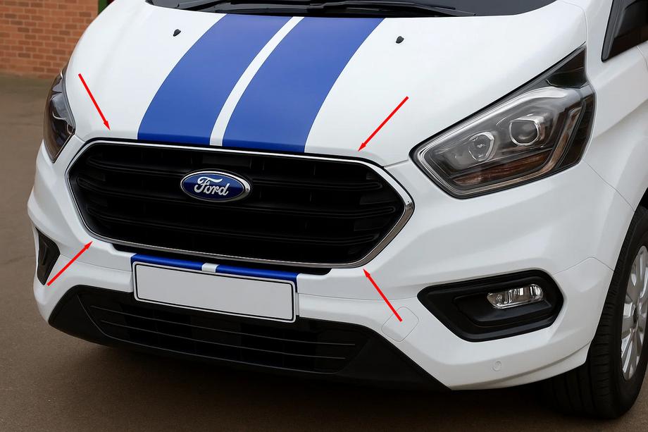 Ford Custom 2013–2022 Kromirane letvice za rešetko odbijača 2018+ (4 kos, nerjaveče jeklo) OmsaLine - italijansko nerjavno jeklo Image